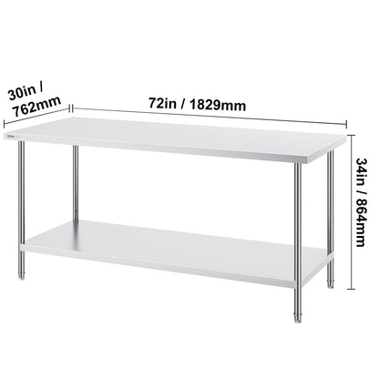 RVS Werktafel – Werkbank – Werkblad – Keukentafel – Werkplek – Roestvrij Staal SUS201 – 183x76x86 cm – 3 Verstelbare Legplanken