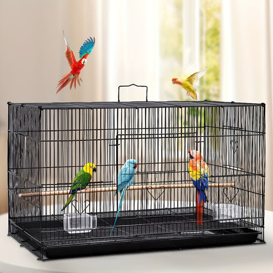 Vogelkooi – Vogelkooi Voor Parkieten – Kooi Voor Kanaries – Reiskooi Vogel – Broedkooi Vogels – 75,5x45x45 cm Zwart Metaal – Met Scheidingspaneel & Uitschuifbare Bodemtray