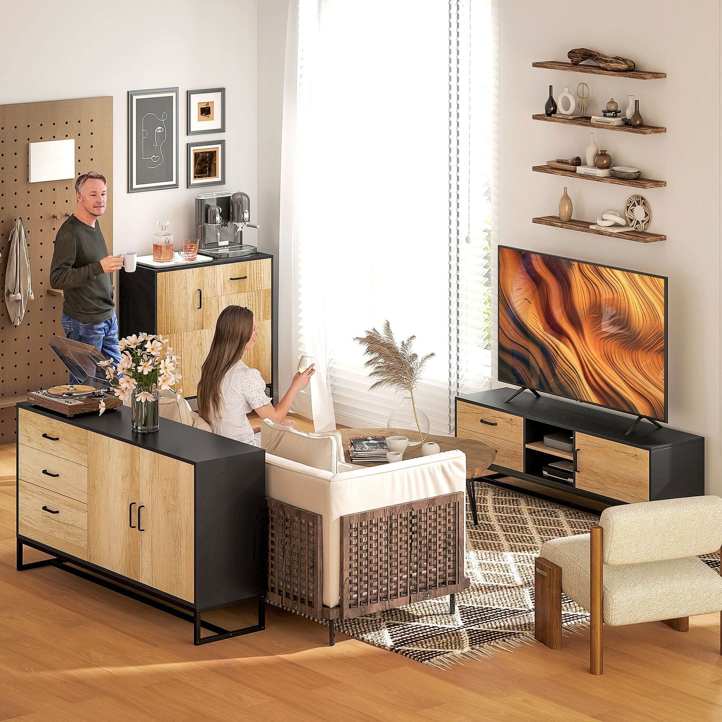 Dressoir – Buffet – Opbergkast – Ladekast – Woonkamermeubel – Natuurlijk Hout – 3 Laden & Verstelbare Plank – Stalen Poten & Soft-Close Scharnieren