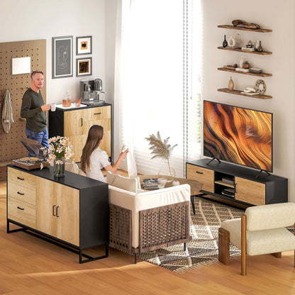 Dressoir – Buffet – Opbergkast – Ladekast – Woonkamermeubel – Natuurlijk Hout – 3 Laden & Verstelbare Plank – Stalen Poten & Soft-Close Scharnieren