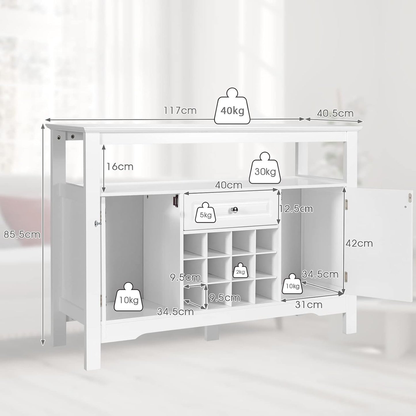 Dressoir – Buffetkast – Opbergkast – Ladekast – Kast – MDF & Spaanplaat – Met Uitneembaar Wijnrek – 117x40,5x85,5 cm