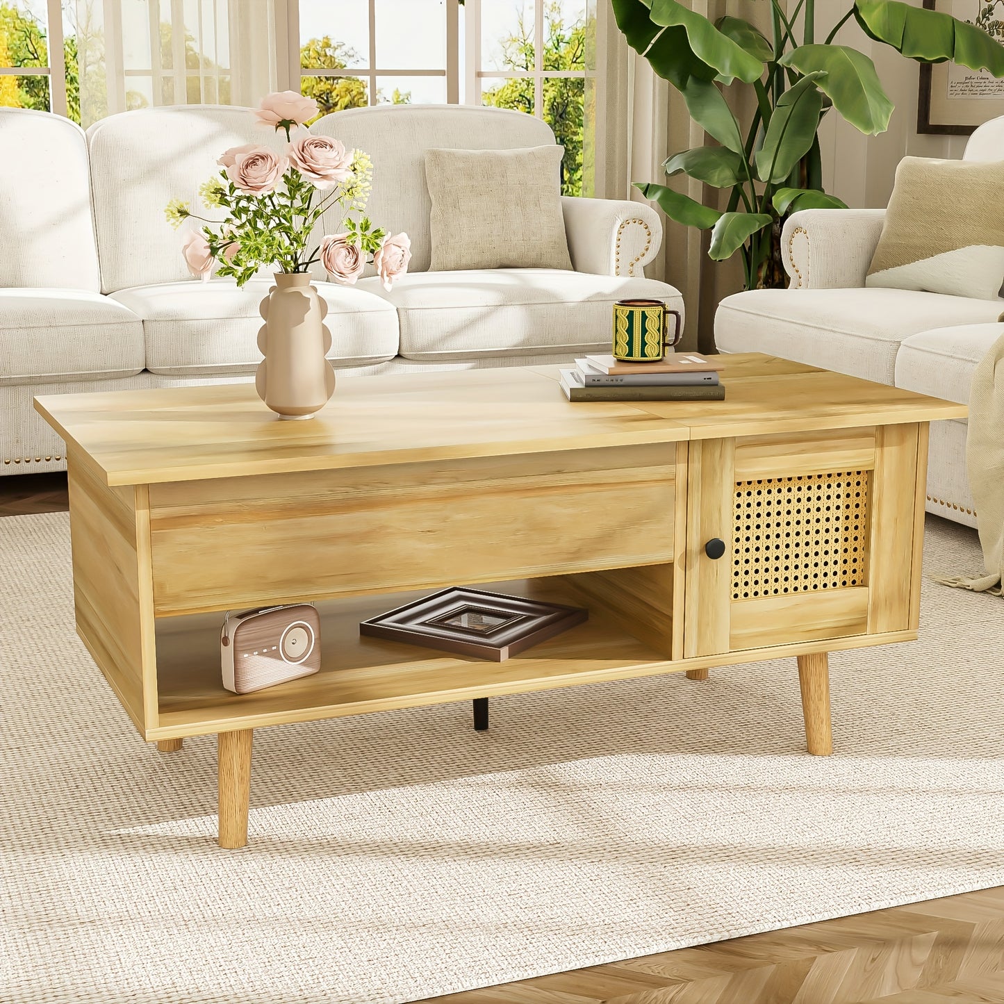 Modern Space-Saving Wooden Coffee Table with Adjustable Tabletop & Rattan Door Storage - Black Accent Legs, Engineered Wood & Hardwood Frame, Easy Assembly Living Room Furniture, Coffee Table for Living Room