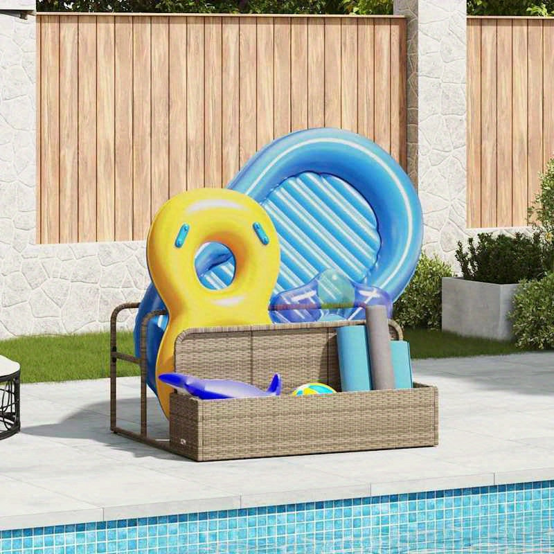Beige Poly Rattan Pool Storage Container, 110x100x57cm, Patio Organizer, Garden Container, Woven Texture, Stylish Container, Lightweight Storage, Durable Rattan, Decorative Organizer, Wicker Bin, Pool Owners, Patio Lovers, Bo