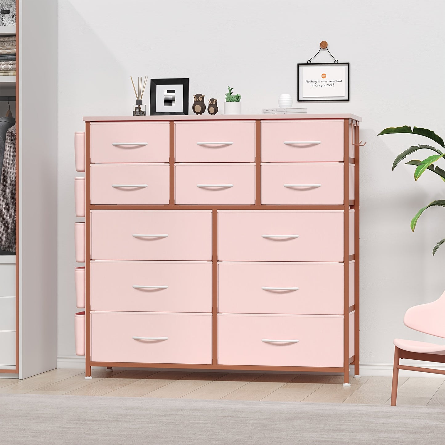 Kaptafel – Make-up Tafel – Opbergkast – Ladekast – Hal Kast – Roze – 12 Lades – Stevig Metalen Frame Met Houten Blad