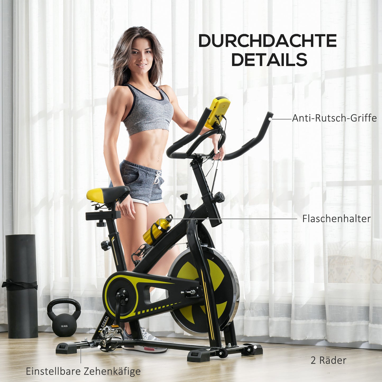 Hometrainer – Fitnessfiets – Trainingsfiets – Cardiofiets – Spinningfiets – Stil Werkend – Verstelbare Weerstand – Geïntegreerde Hartslagmeter – Geel