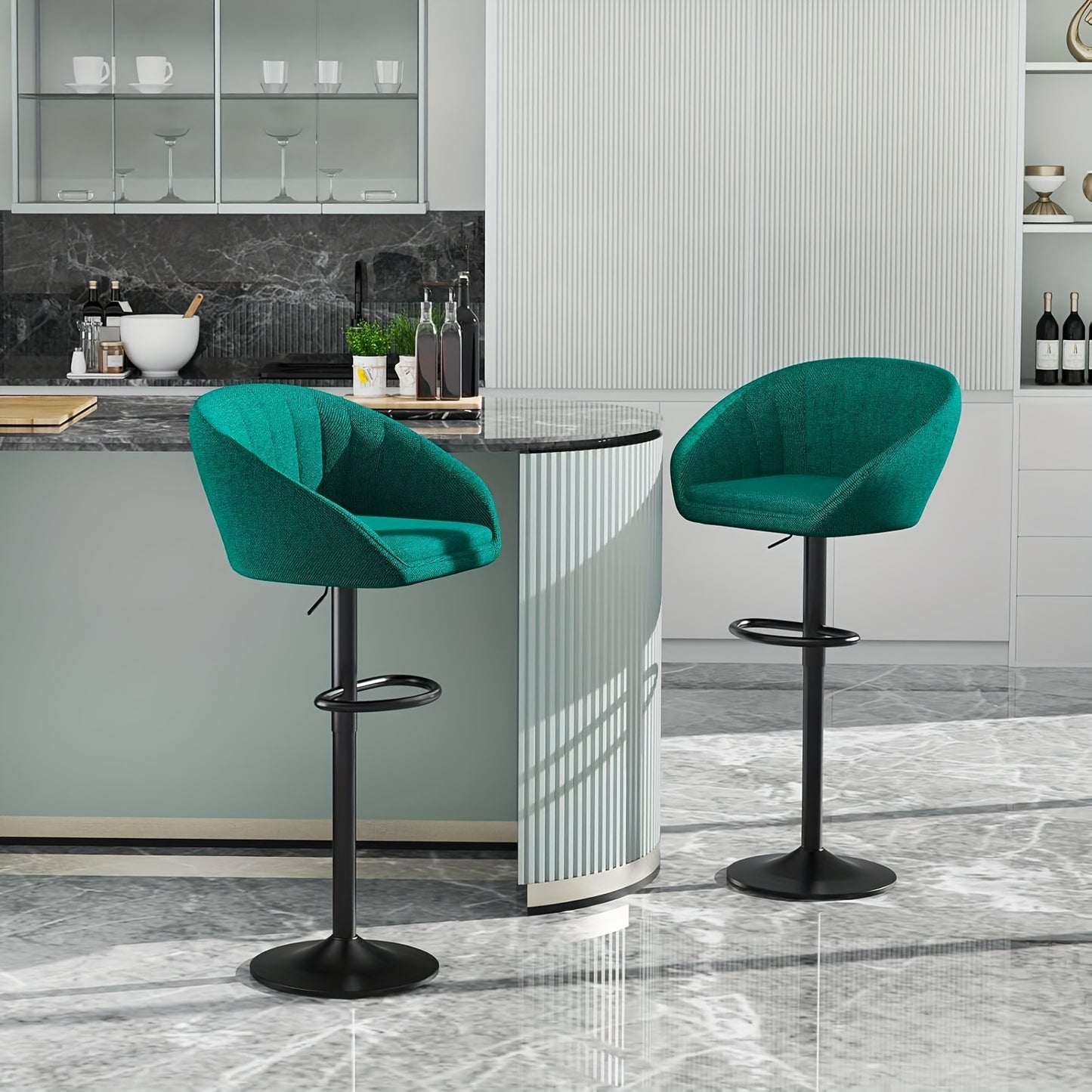 Bar Krukken Set – Barkrukken – Barstoelen – Keukenstoelen – Hoge Stoelen – Verstelbare Hoogte – Stoffen Zitting – Groen – Met Draaifunctie – Met Metalen Frame