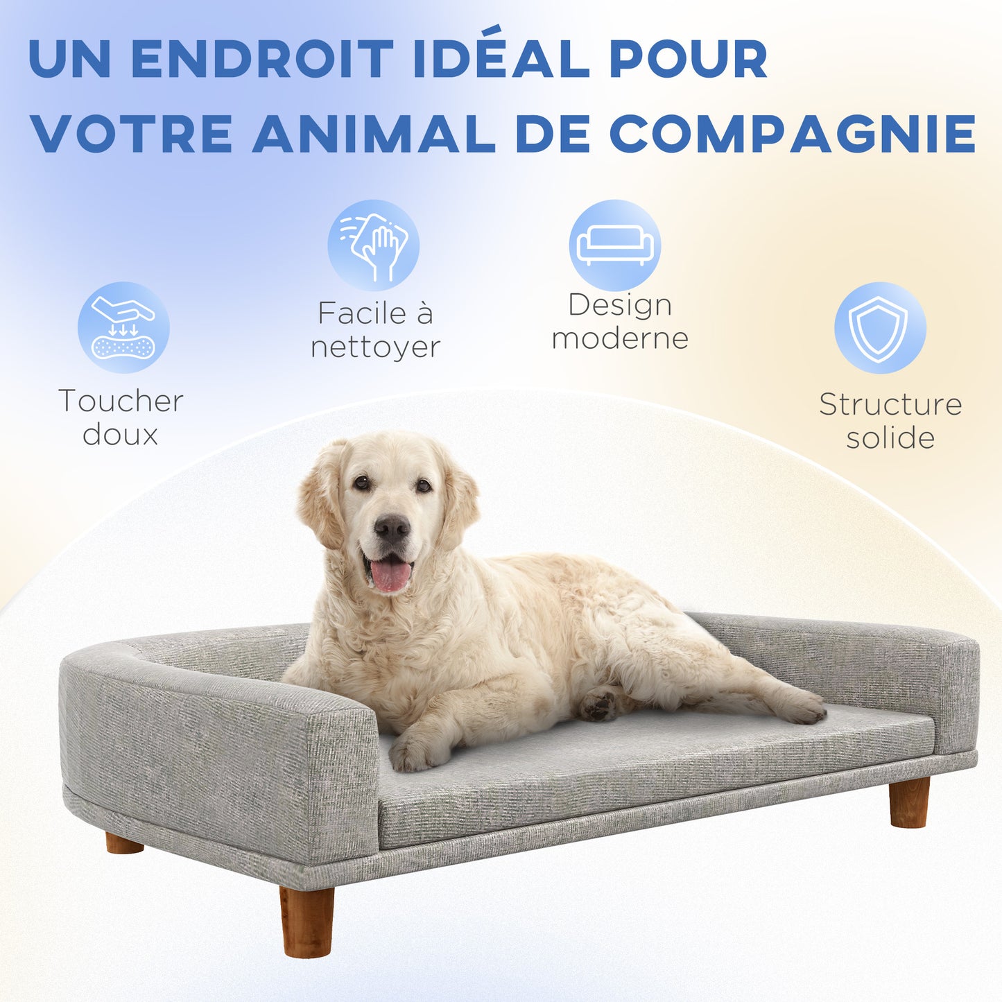 Hondenmand – Hondenbed – Hondenbank – Hondenkussen – Hondenligbed – Scandinavisch Design – Wasbare Afneembare Kussenhoes – Stevige Houten Poten – Grijs – 98x67x25 cm