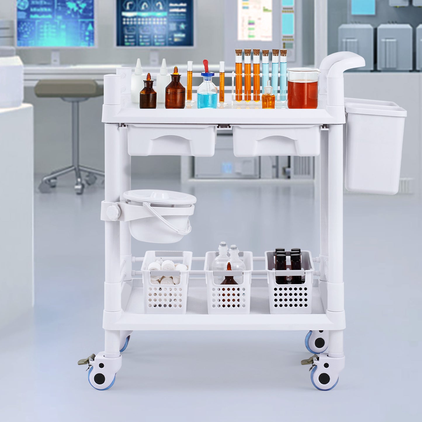 Medische Kar – Laboratoriumwagen – Mobiele Trolley – Rolwagen – Opbergwagen – 2 Etages & 2 Lades – 3 Afvalbakken Wit