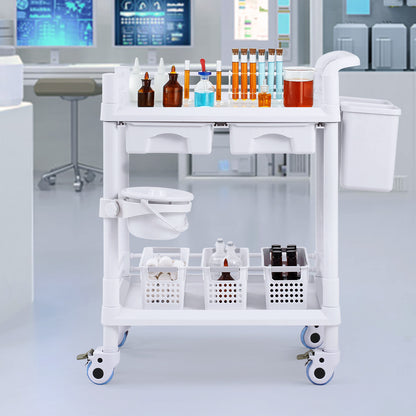 Medische Kar – Laboratoriumwagen – Mobiele Trolley – Rolwagen – Opbergwagen – 2 Etages & 2 Lades – 3 Afvalbakken Wit