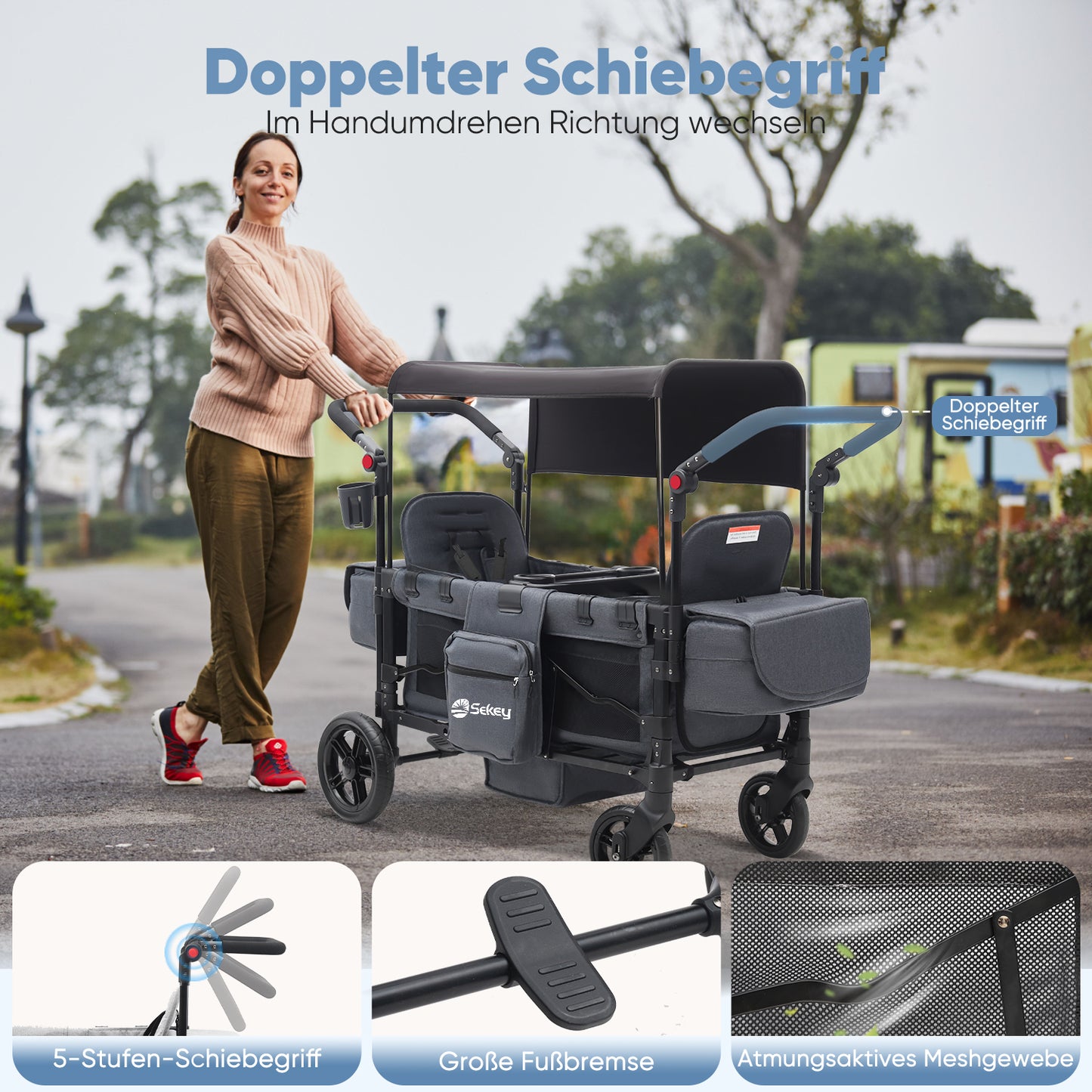 Sekey Handcart, Foldable Handcart with Roof, Handcart with XXL PU Wheels, Suspension & Ball Bearings, Padded & Comfortable, Push And Pull Handle