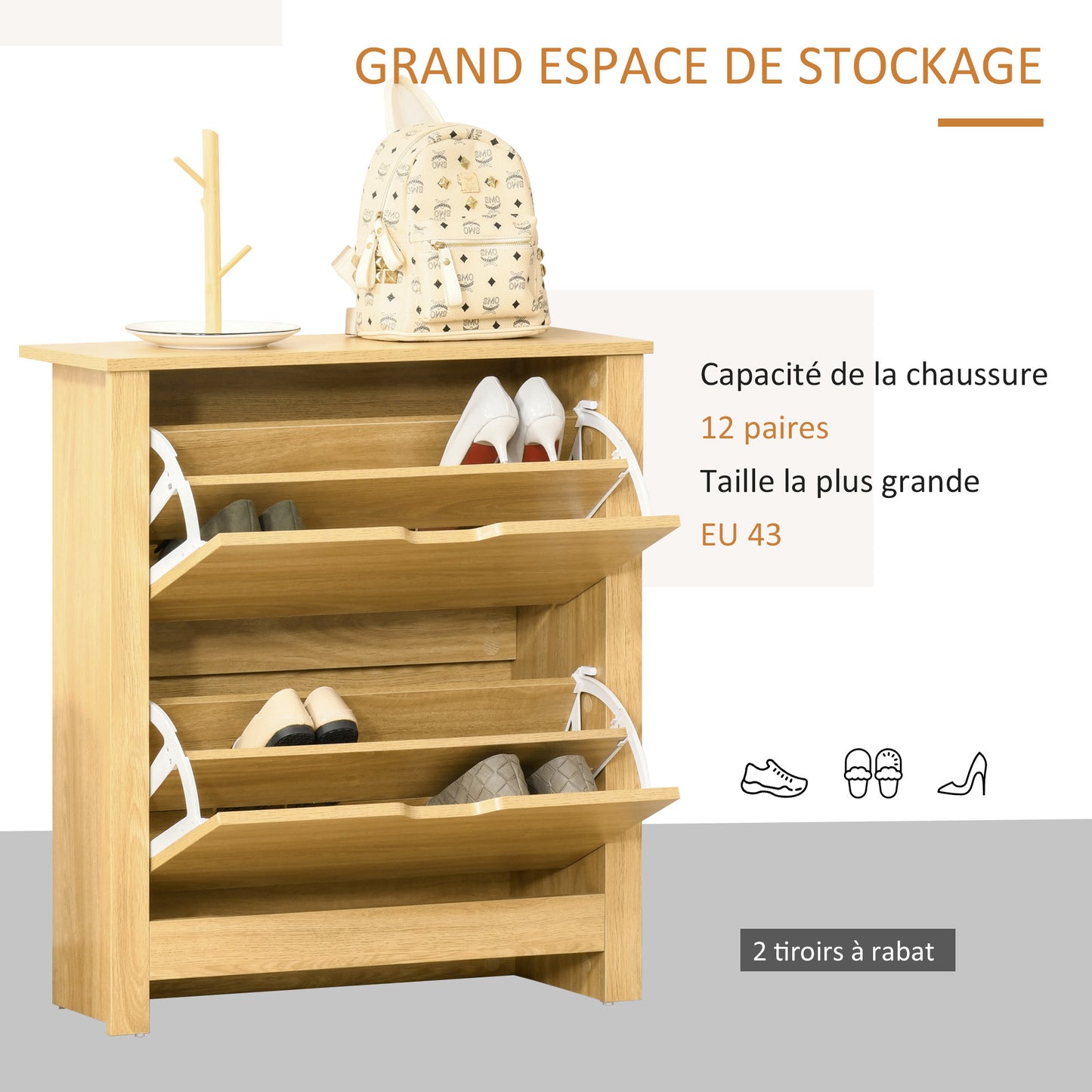 HOMCOM Shoe Cabinet with 2 Folding Doors and 2 Compartments, Natural Wood Particle Panels