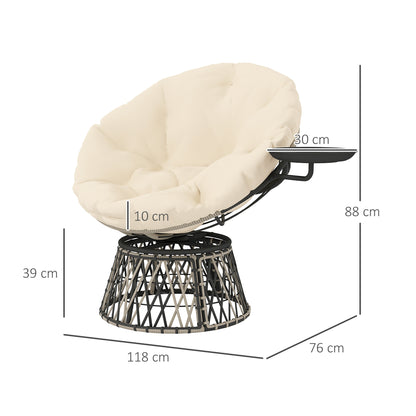 Rattan Fauteuil – Rotan Stoel – Papasan Stoel – Draaifauteuil – Tuinstoel – 360° Draaibaar – Dik Beige Kussen 90 cm Diameter