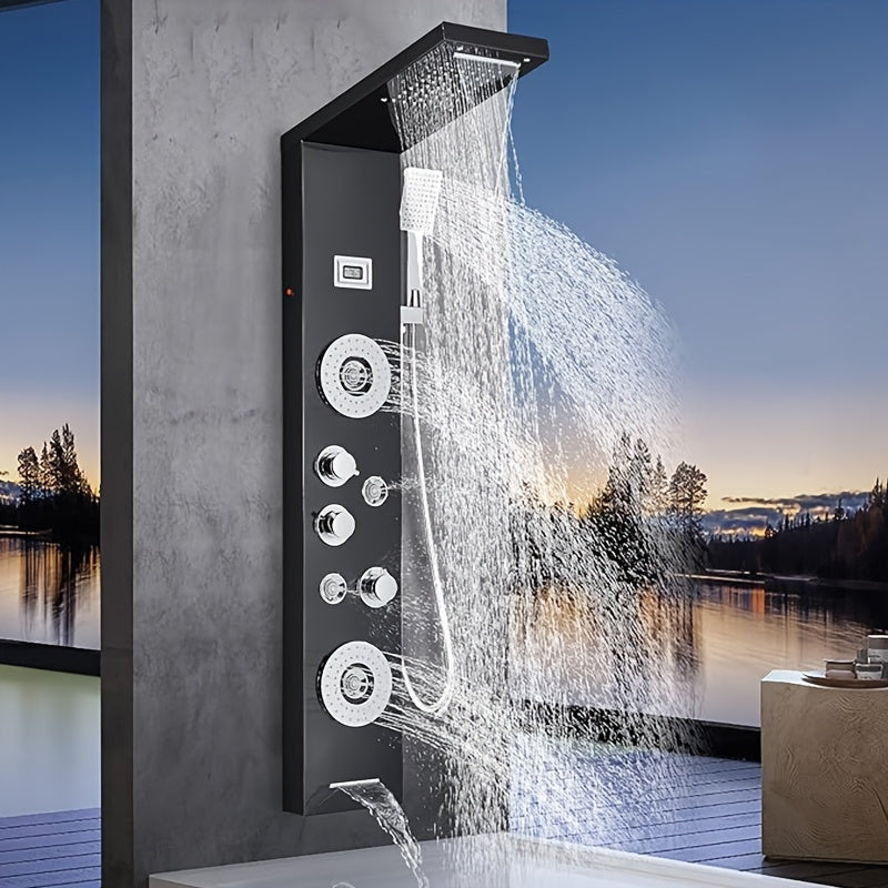 Douchepaneel – Douchetoren – Regendouche – Waterval Douche – Massagejets – Mat Zwart – Roestvrij Staal – 5 Functies Met Handdouche En Badkraan