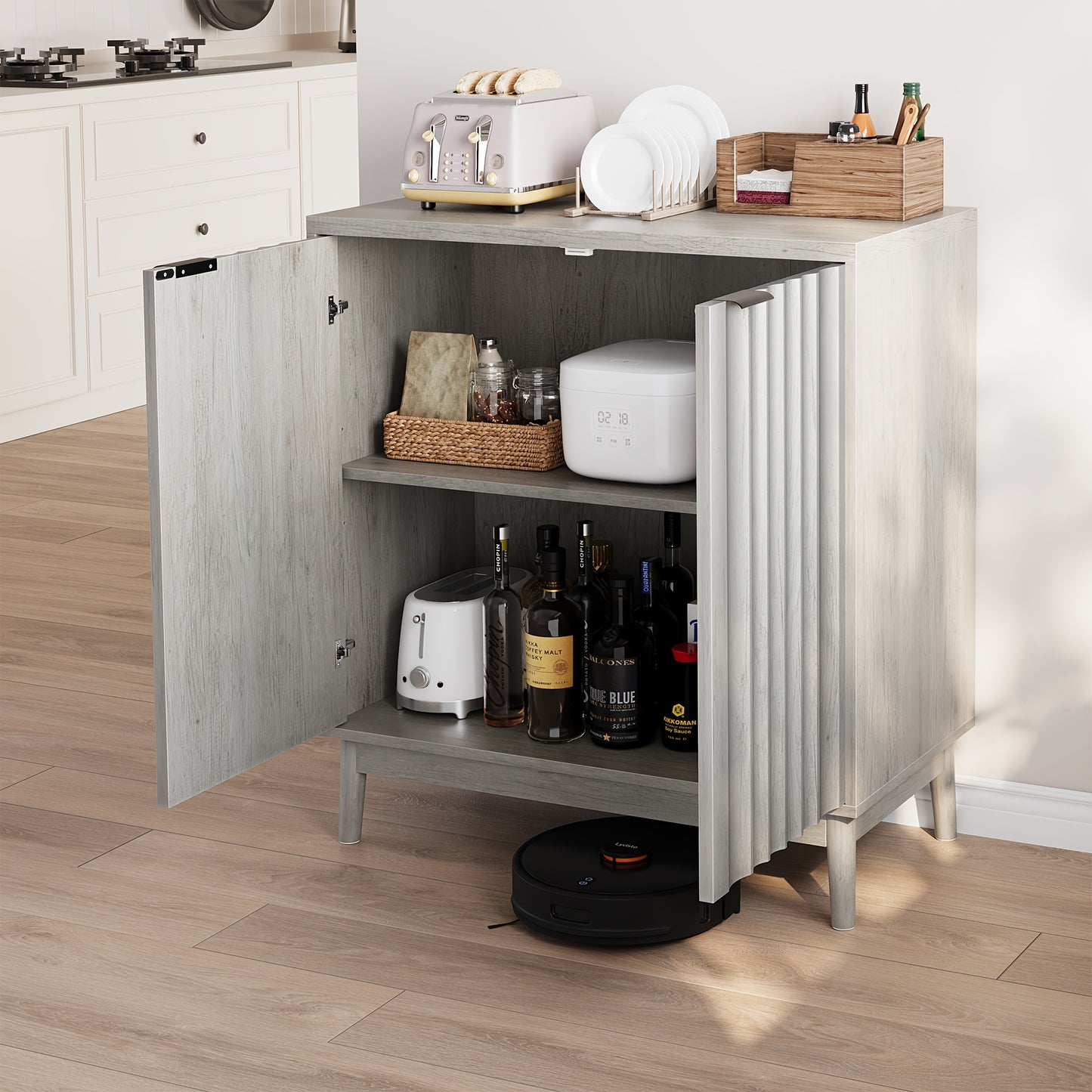 Dressoir – Opbergkast – Ladekast – Buffetkast – Wandkast – Grijs – Uniek Groefdesign – Verstelbare Binnenvakken – 3 Hoogtes