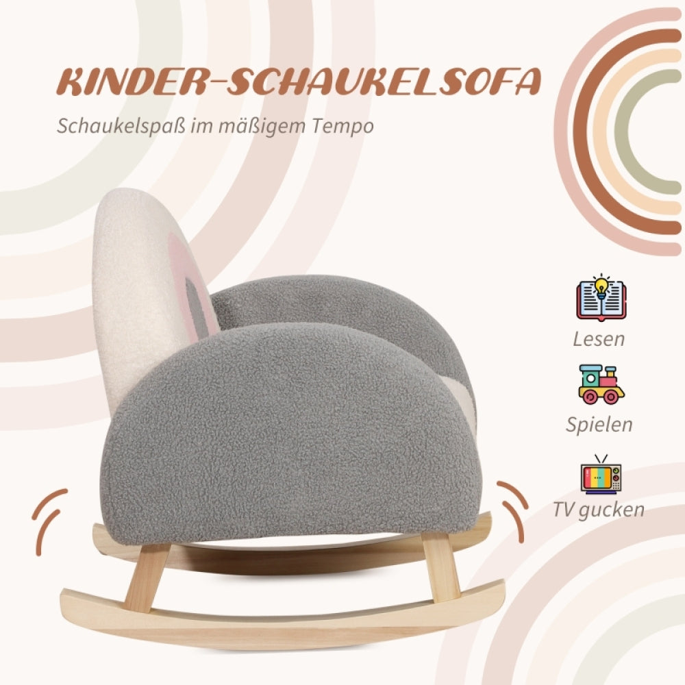 Cute Modern Rocking Chair with Plush Sheepskin-like Cushion - Soft Pastel  & Grey Rocking glider, Easy Assembly, Sturdy Eucalyptus Wood Base, Compact /Adult Rocking Chair for Living Room, Room Decor - Space-Saving Design, Lou