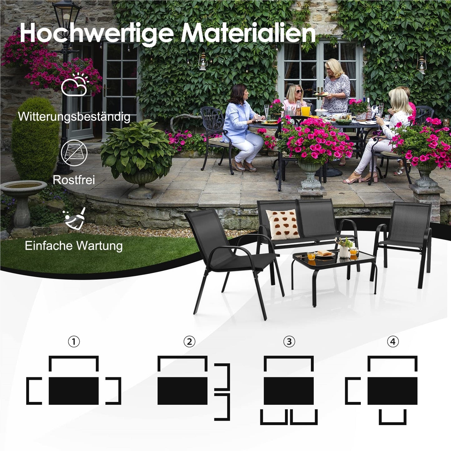 4-Persoons Tuinset – Balkonmeubilair – Patio Set – Zithoek Voor Buiten – Tuinmeubelset – Inklapbaar En Weerbestendig – Lichtgewicht Met Metaal Frame