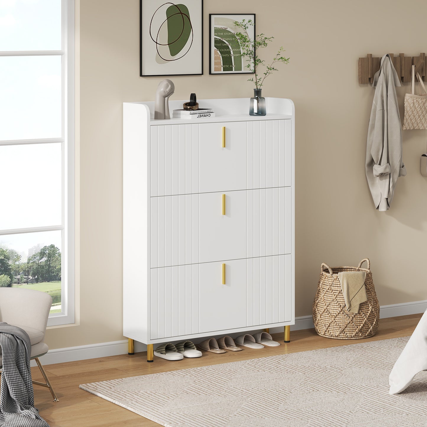 Narrow Space-Saving White Shoe Cabinet with 3-Tier Stops & 6-Compartment Shoe Rack - Adjustable -Standing Entryway Storage Unit with Anti-Tilt Device, Compact Modern Shoe Suitable for Hallway, Apartment, Small