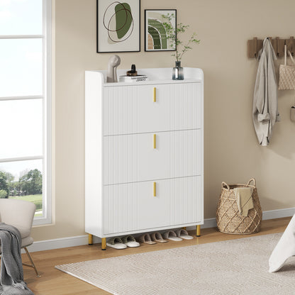 Narrow Space-Saving White Shoe Cabinet with 3-Tier Stops & 6-Compartment Shoe Rack - Adjustable -Standing Entryway Storage Unit with Anti-Tilt Device, Compact Modern Shoe Suitable for Hallway, Apartment, Small