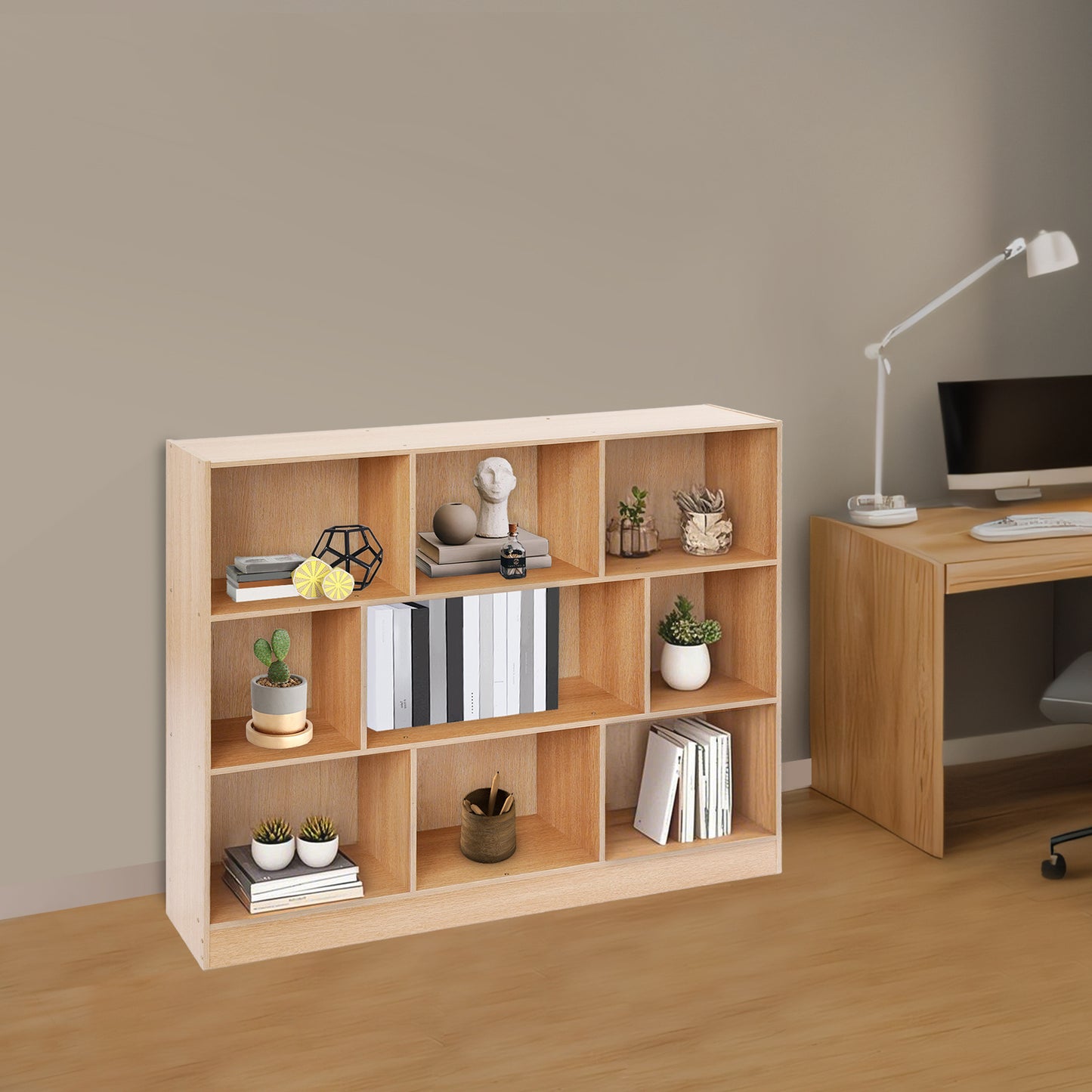 Boekenkast – Boekplank – Open Kast – Stelling – Opbergkast – Modern Eiken – 9 Vakjes – 120 cm Breed – Stevig Houten Ontwerp