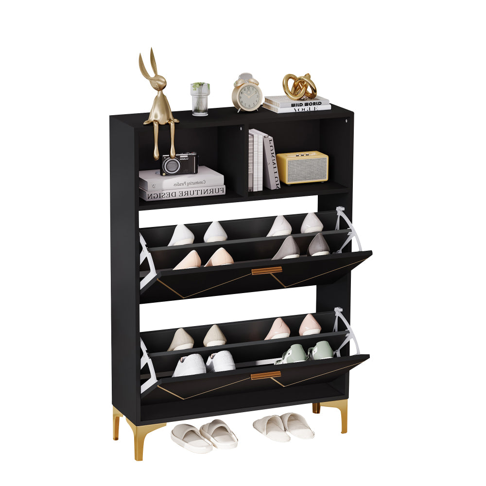 Schoenenkast – Schoenenrek – Schoenenopberger – Halmeubel – Schoenenbankje – Ruimtebesparend – 2 Klapdeuren met 4 Vakken – Duurzaam Niet-Houten Materiaal – Modern Zwart-Wit – 80x25x117 cm