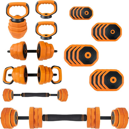 4-In-1 Adjustable Dumbbell Set 29.94KG | Convertible to Barbell, Kettlebell & Push Up Stands, Home Gym Equipment for Men & Women, Space Saving Weights, Orange, Synthetic Rubber, Towallmark