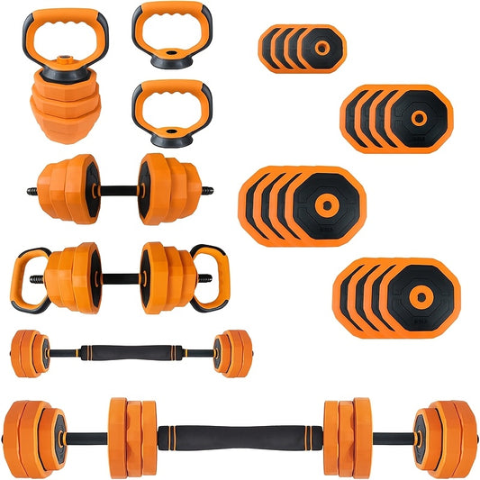 4-In-1 Adjustable Dumbbell Set 29.94KG | Convertible to Barbell, Kettlebell & Push Up Stands, Home Gym Equipment for Men & Women, Space Saving Weights, Orange, Synthetic Rubber, Towallmark