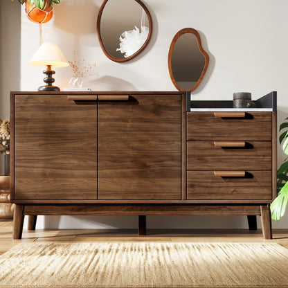 Opbergkast – Kast – Opbergmeubel – Dressoir – Kastje – Modern Klassiek – Bamboe Met Marmerlook Blad – Vrijstaand Ruimtebesparend Bruin