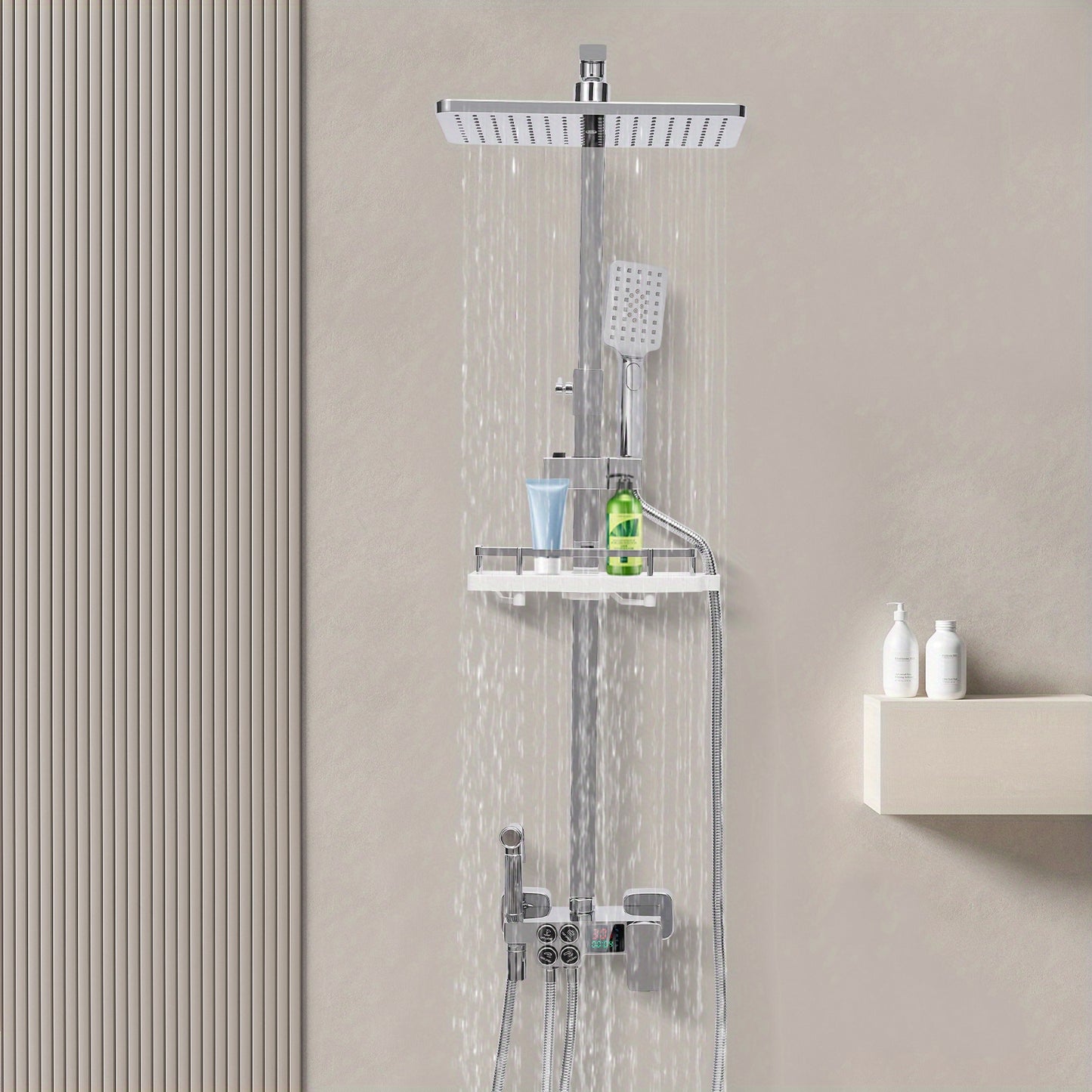 TOOL1SHOOO Modern Stainless Steel Shower System, 4 Water Outlets, Rainfall Showerhead, Handheld Sprayer, Height-Adjustable Shelf, Suitable for Bathrooms, Spas, Hotels