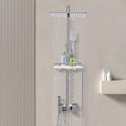 TOOL1SHOOO Modern Stainless Steel Shower System, 4 Water Outlets, Rainfall Showerhead, Handheld Sprayer, Height-Adjustable Shelf, Suitable for Bathrooms, Spas, Hotels