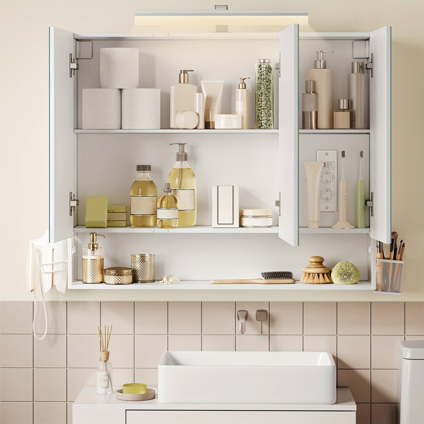 Badkamerkastje – Spiegelkast – Wandkast – Opbergkast – Badkamermeubel – Cloud White – 16,5 x 90 x 75 cm – Wandmontage – Drie Deuren Met Spiegel