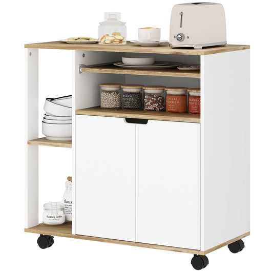Rollende Keukentrolley – Keukenwagen – Opbergwagen – Servierwagen – Trolley Met Kast – Wit Met Houten Accenten – Verstelbare Planken – Wieltjes Met Rem