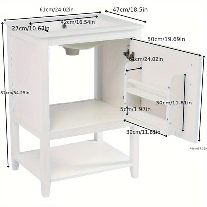 Bathroom Furniture, Single Washbasin, Vanity Unit 60 Cm, With Ceramic Washbasin With Shelf, White