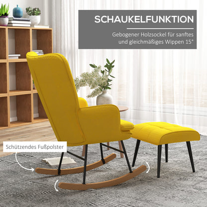Schommelstoel – Schommelstoel Met Voetenbank – Relaxfauteuil – Wiebelfauteuil – Linnen Look Fauteuil – Gele Variant – Ergonomisch Comfort – Massief Beukenhout Frame