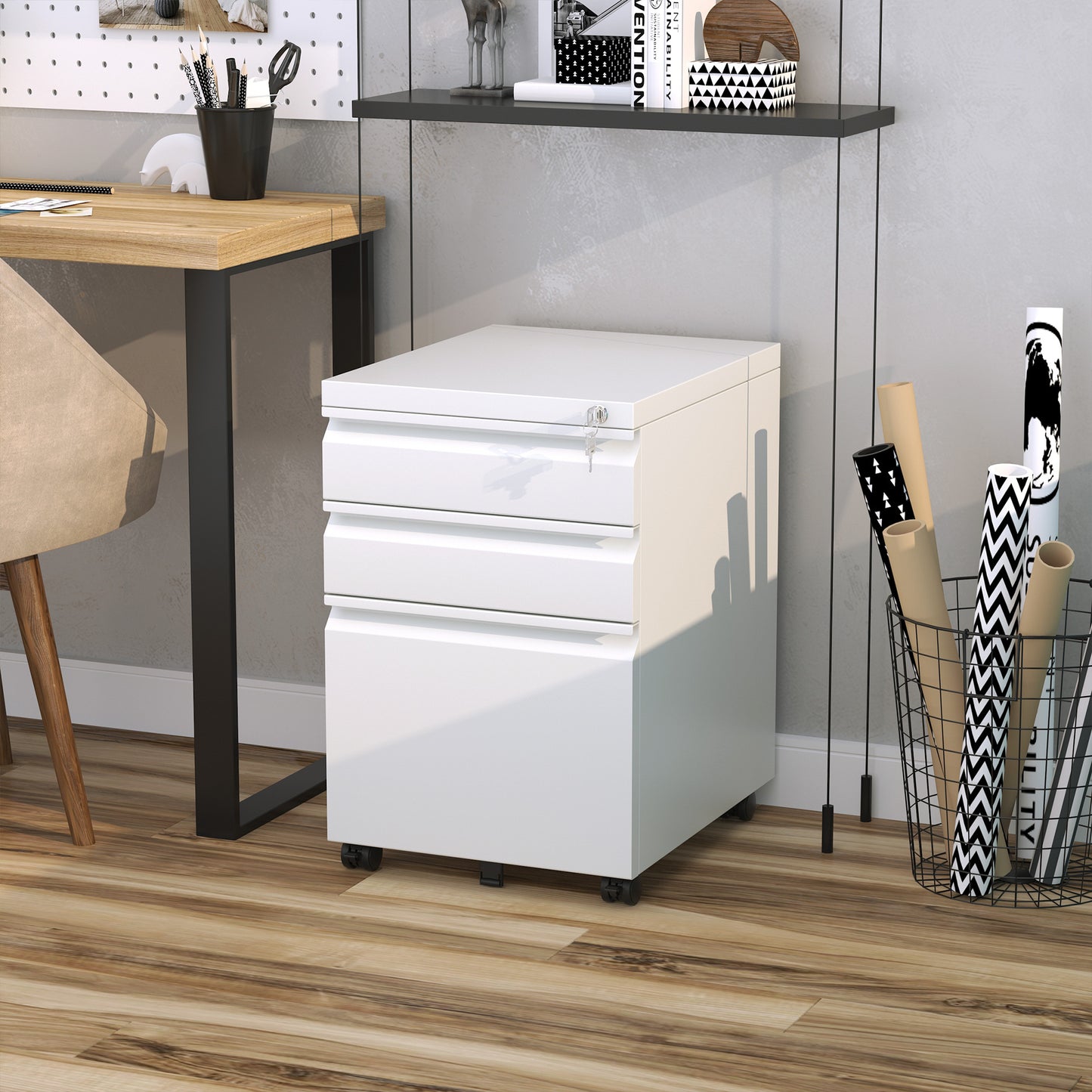 Mobiele Ladekast – Ladekast Op Wieltjes – Kantoorwagen – Office Organizer – Mobiele Kast Wit – 3 Ruime Laden – Veilig Met Sleutelslot – Compact 39x48x60 cm