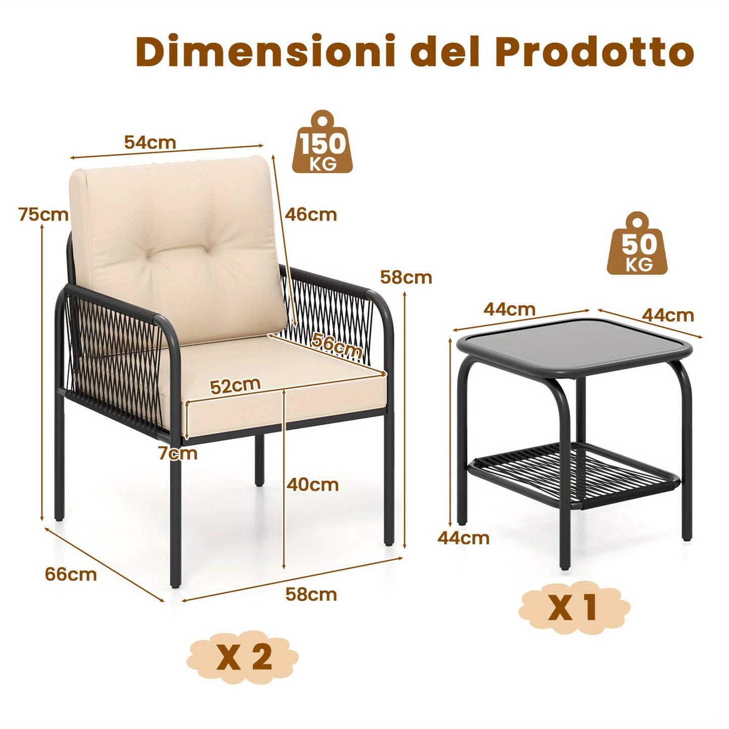 3-delig Bistro Set – Tuinset – Terrasmeubel – Patio Meubels – Balkonset – Lichtbeige PE Rattan – Gehard Glas Tafel – Comfortabele Zachte Kussens