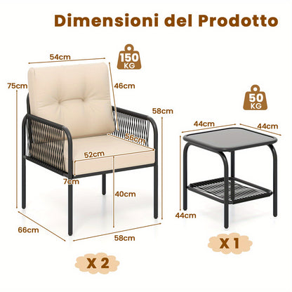 3-delig Bistro Set – Tuinset – Terrasmeubel – Patio Meubels – Balkonset – Lichtbeige PE Rattan – Gehard Glas Tafel – Comfortabele Zachte Kussens