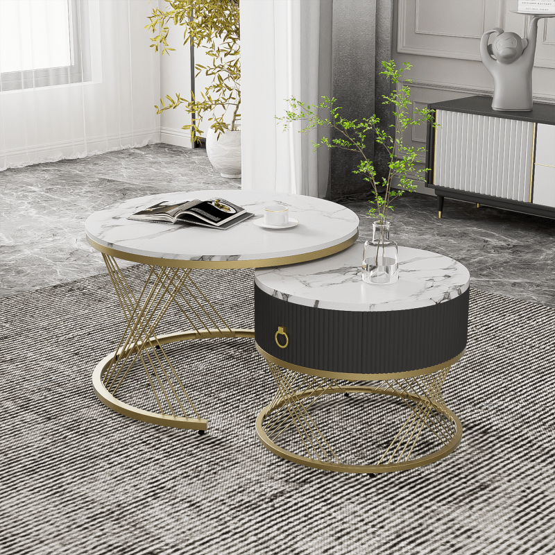 Salontafel – Koffietafel – Bijzettafel – Tafeltje – Woonkamertafel – Wit MDF Met Gouden Accenten – 2-Delige Set Met Lade En Verstelbare Pootjes