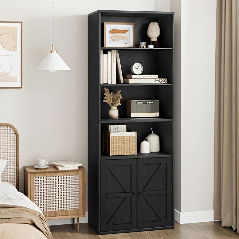 Industrial Farmhouse Bookcase with Doors - Heavy-Duty Freestanding bookshelf, Sturdy Wood Construction, Open & Closed Storage Shelves, for Living Room, Bedroom, Home Office - Modern Industrial Organizer Furniture