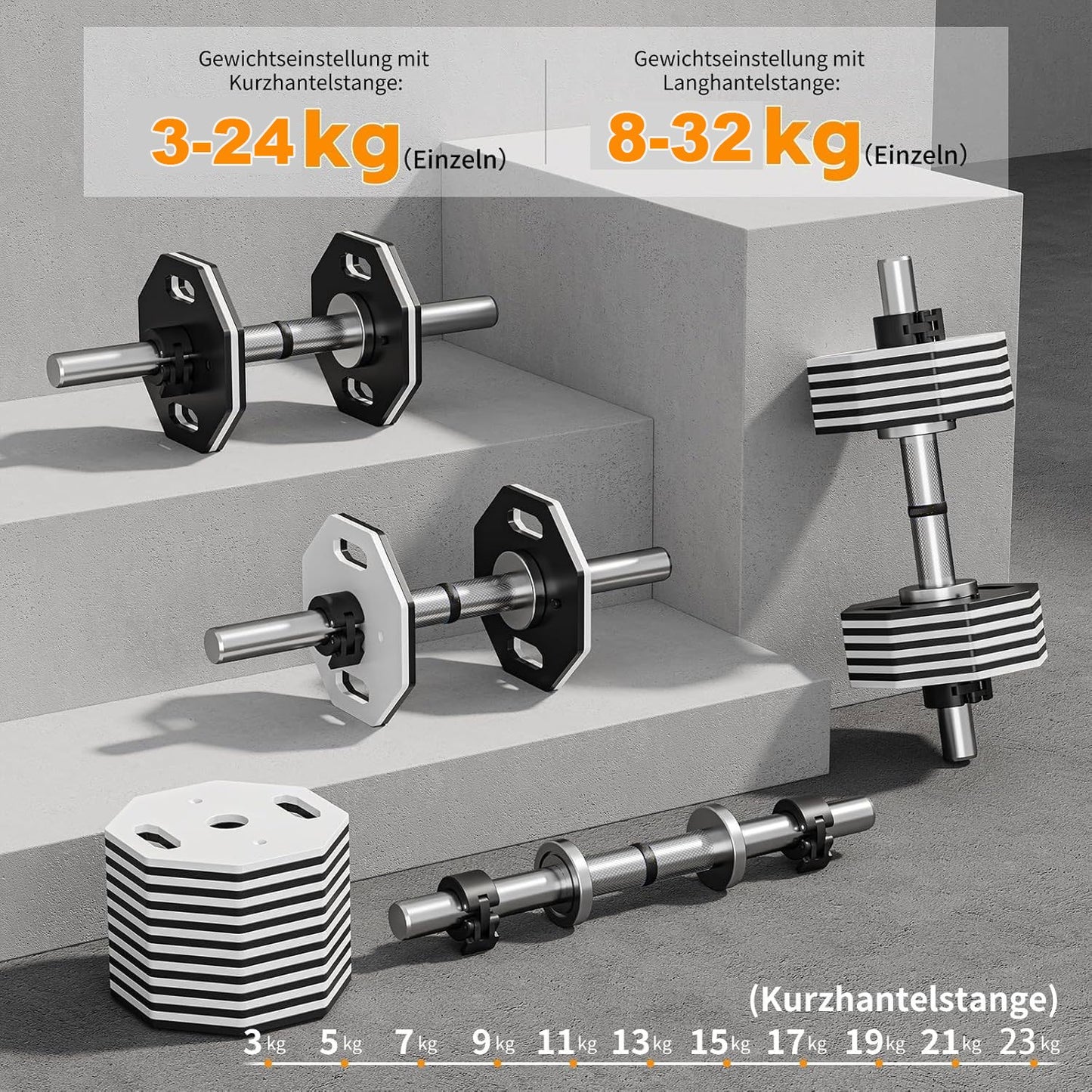 Verstelbare Halterset – Dumbbell Set – Krachttraining Gewichten – Curlstang – Rechte Stang – 32 kg Totaalgewicht – Robuust Stalen Design