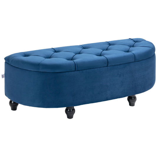 Opbergpoef – Opbergkoffer – Zithocker – Opbergbank – Blauw Fluweel – Klassiek Design – Stevig Houten Frame – Comfortabele Foam Zitting