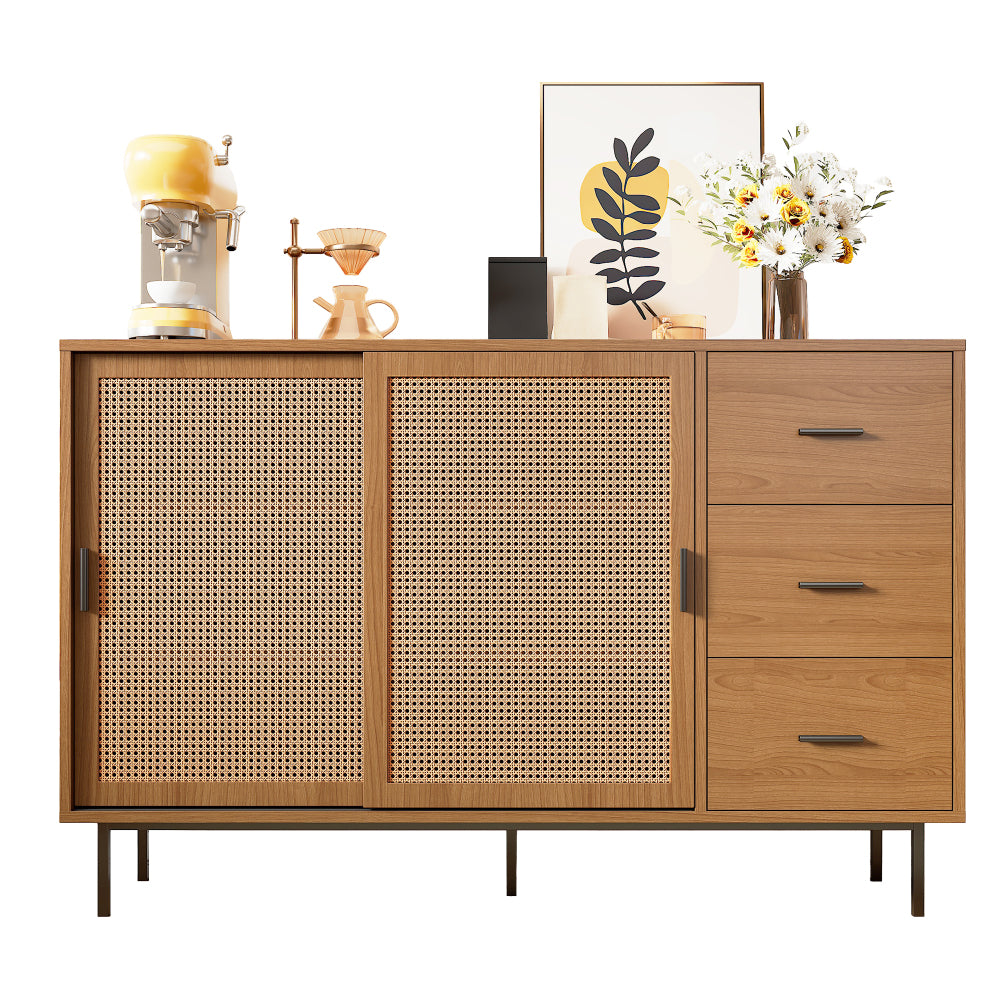 Modern Rustic Sliding Door Sideboard Cabinet with 2 Doors & 3 Adjustable Shelves - Large Storage Non-Wood Brown, Black Frame Buffet for, Dining Area - 140cm Wide Contemporary Furniture (Easy Assembly Required)