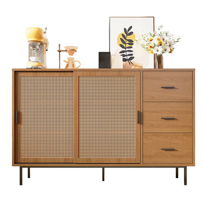 Modern Rustic Sliding Door Sideboard Cabinet with 2 Doors & 3 Adjustable Shelves - Large Storage Non-Wood Brown, Black Frame Buffet for, Dining Area - 140cm Wide Contemporary Furniture (Easy Assembly Required)