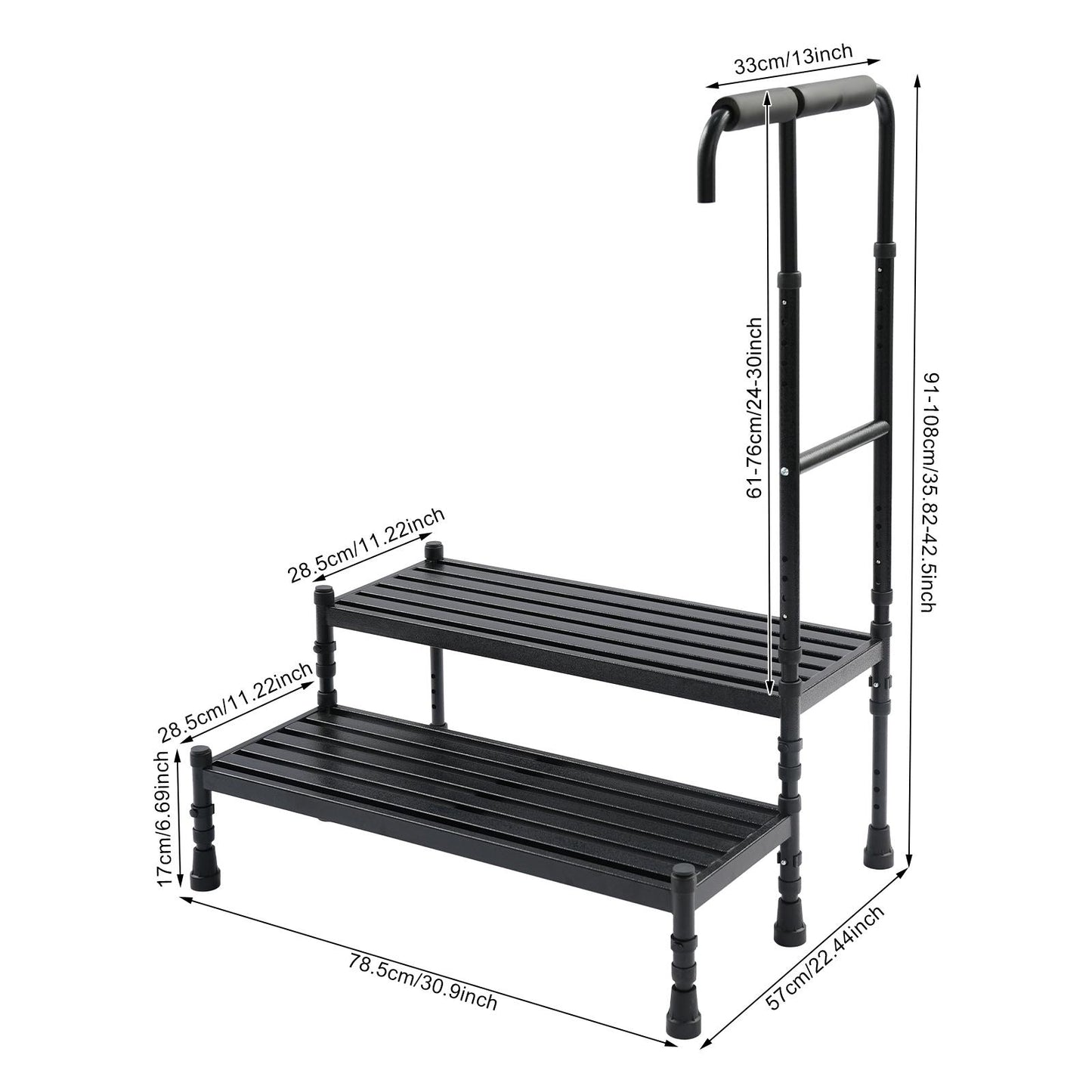Heavy-Duty Step Stool with Handle & Adjustable Handrail - 2-Step Ramp Suitable for, Seniors, Mobility Aid - Sturdy Metal Stepping Stool with Wide Steps & Rubber Feet for Bed, Car, Use