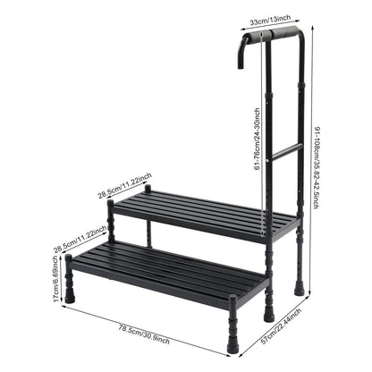 Heavy-Duty Step Stool with Handle & Adjustable Handrail - 2-Step Ramp Suitable for, Seniors, Mobility Aid - Sturdy Metal Stepping Stool with Wide Steps & Rubber Feet for Bed, Car, Use