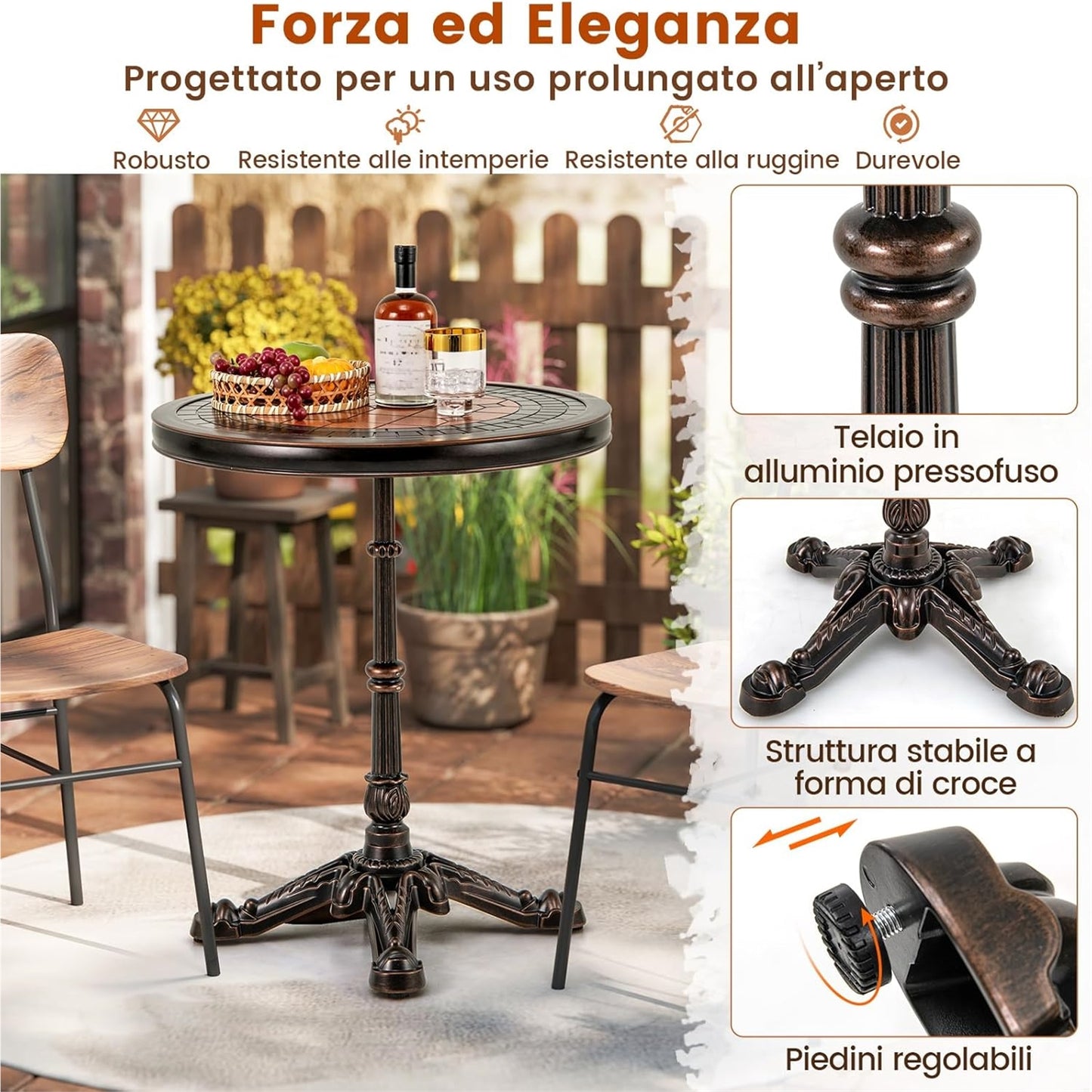 Ronde Tuin Tafel – Balkon Tafel – Buiten Tafel – Patio Tafel – Vintage Aluminium – Gietaluminium Materiaal – Leisteen Patchwork Design – 60,5 cm Diameter