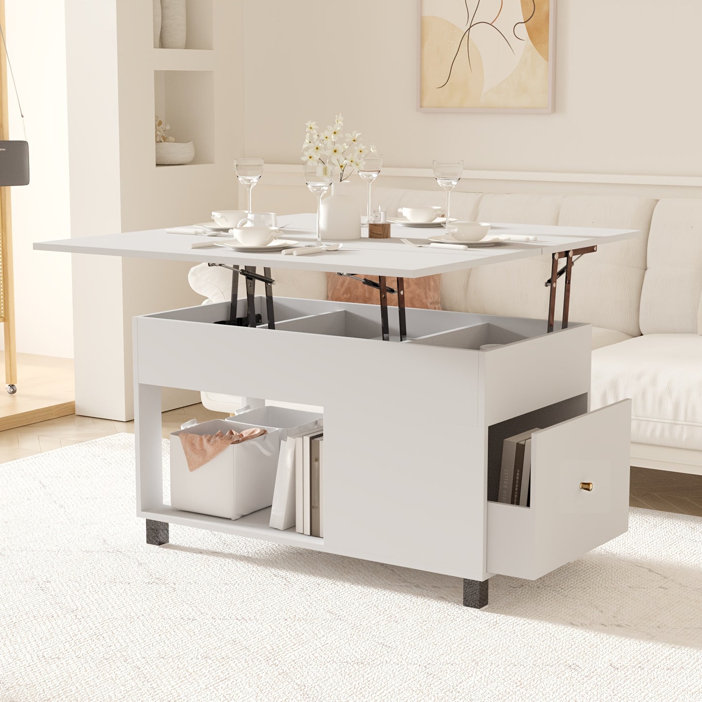 Salontafel – Koffietafel – Bijzettafel – Woonkamertafel – Tafel – Verstelbare Hoogte – Verhoogbaar Tafelblad Met Lades