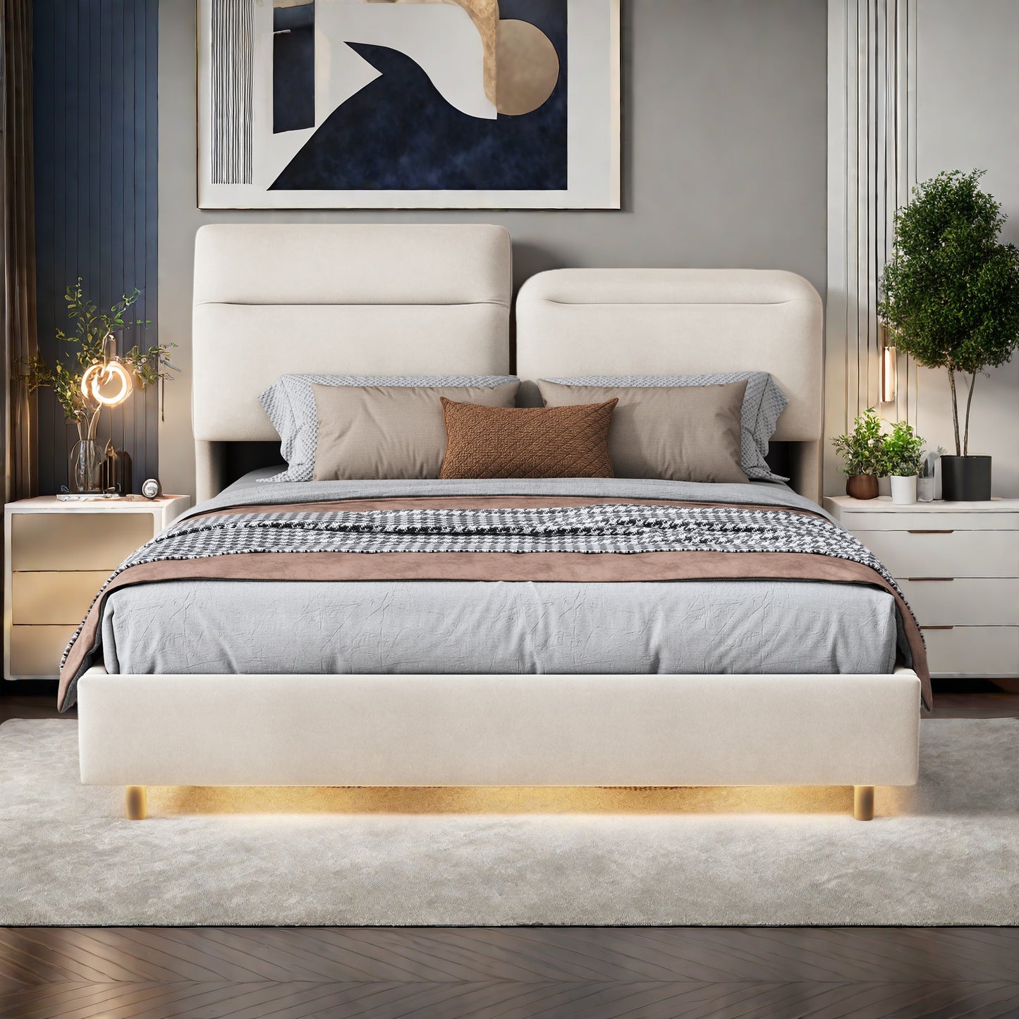 Tweepersoonsbed – Opbergbed – Stalen Bedframe – Velvet Bed – Modern Bed – 160x200 cm – LED Verlichting – USB Oplaadpoort