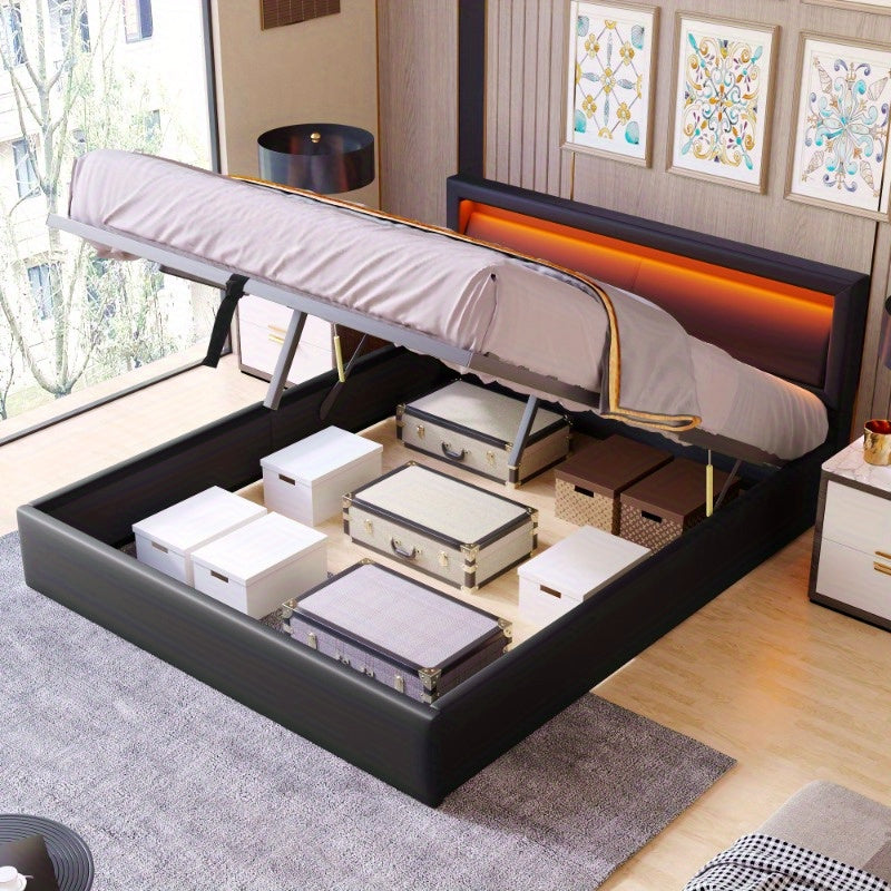 Gestoffeerd Tweepersoonsbed – Opbergbed – Bedframe – Platformbed – Slaapkader – 140x200 cm – Stevig Metaal & Luxe Linnen Hoofdbord