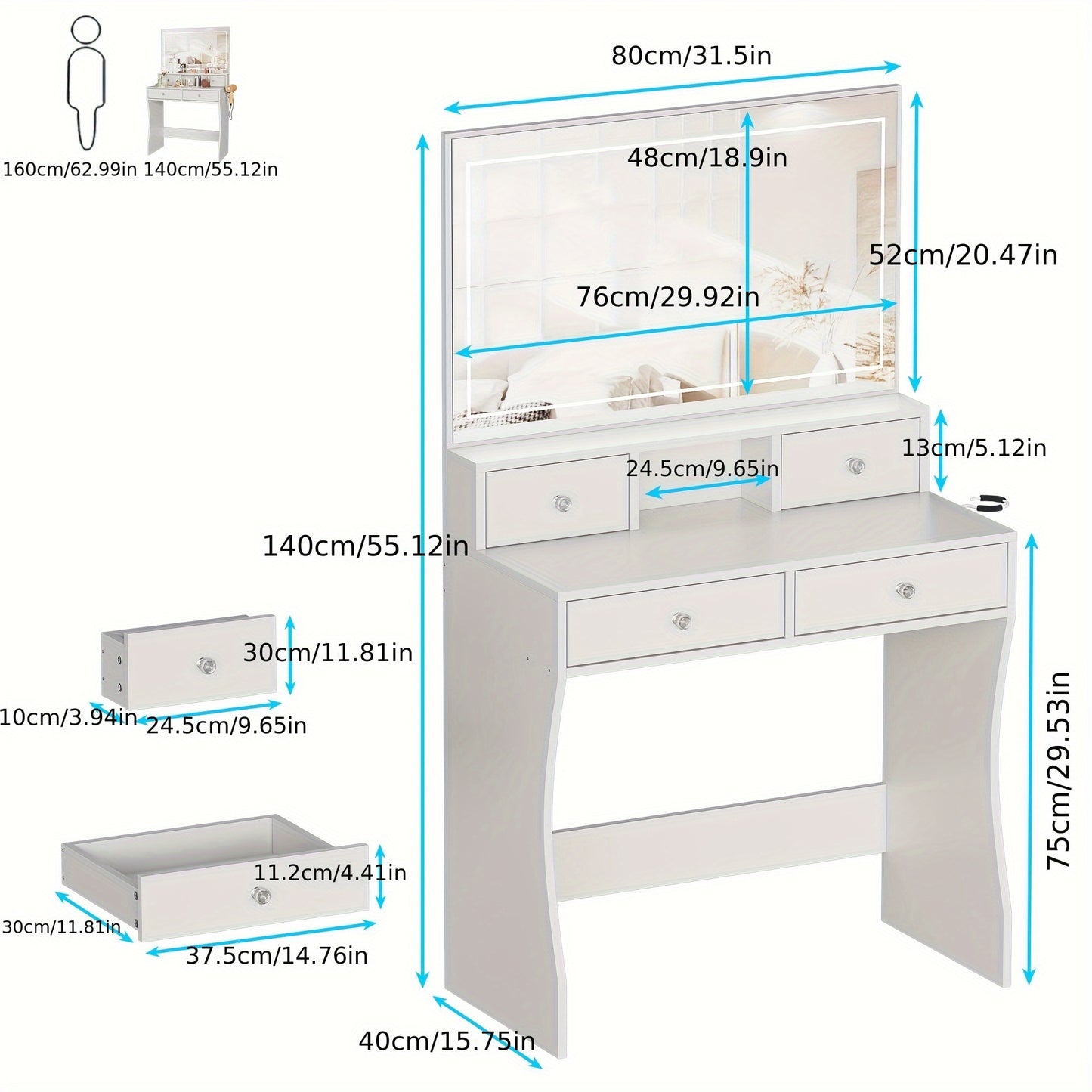Make-up Tafel – Kaptafel – Cosmeticatafel – Dressing Table – Make-up Bureau – Met Spiegel – Haardrogersstandaard – 80x40x140 cm – Vier Lades – Wit