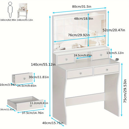 Make-up Tafel – Kaptafel – Cosmeticatafel – Dressing Table – Make-up Bureau – Met Spiegel – Haardrogersstandaard – 80x40x140 cm – Vier Lades – Wit